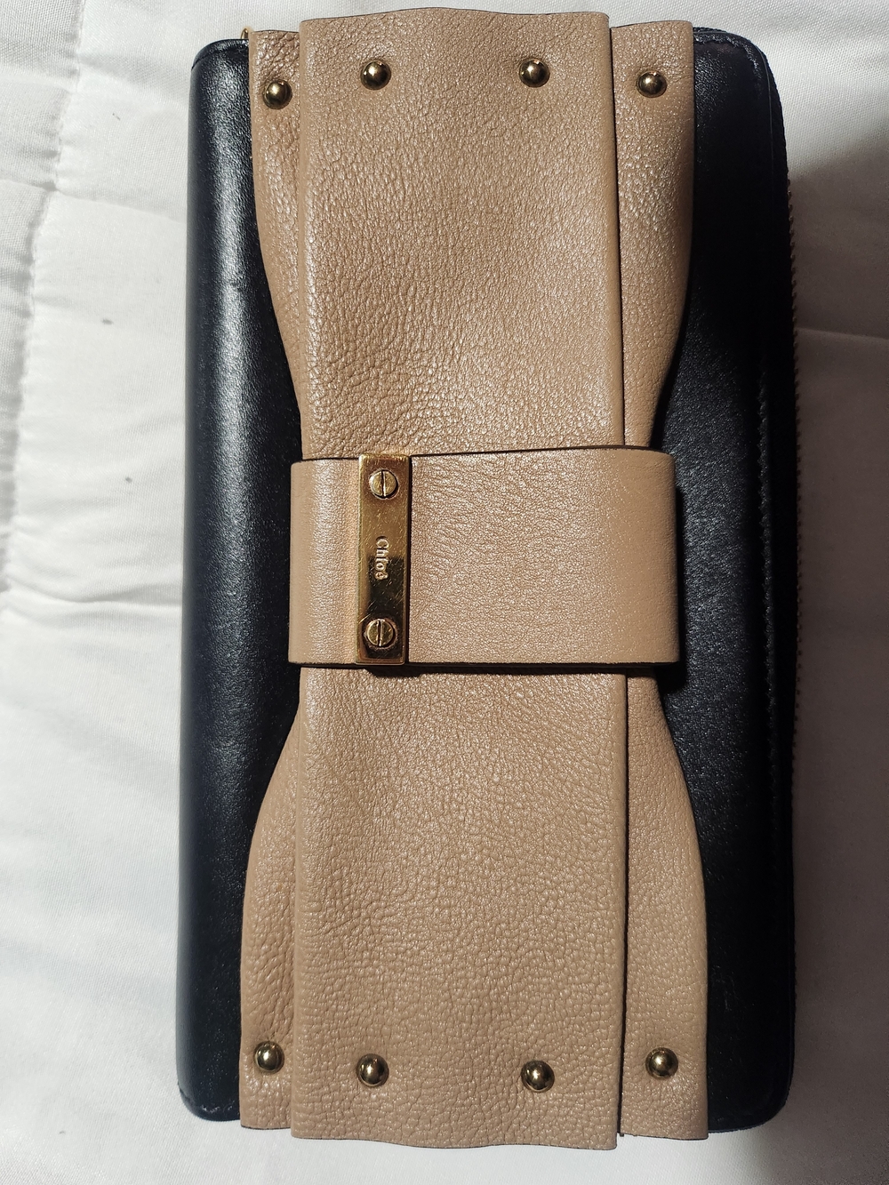 Chloe Two-Tone Beige Bow Leather Clutch with Gold Hardware